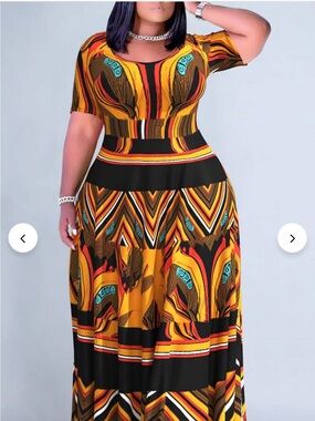 Plus-Size Yellow & Black Geometric Maxi Dress with Bold Print